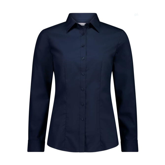 A women's long sleeve shirt in navy blue, featuring a collared neck and button-down front. It has a logo.