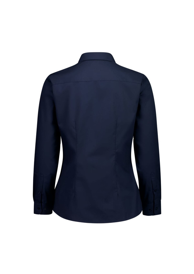 A navy women's long sleeve shirt with a collared neckline and buttoned cuffs, featuring a sleek back design.