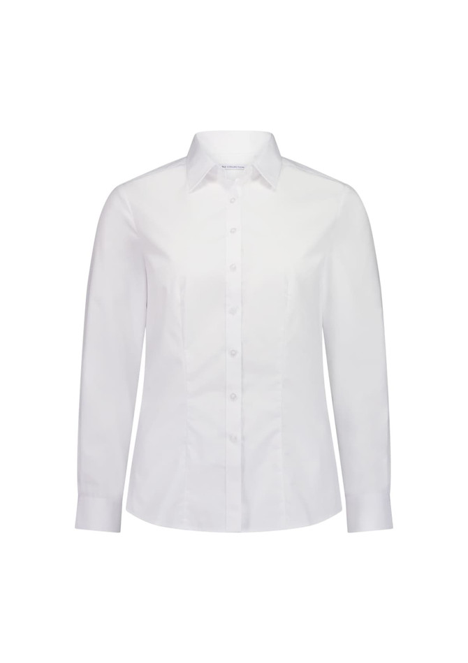 A white long sleeve shirt with a collared neckline, featuring a logo on the front.