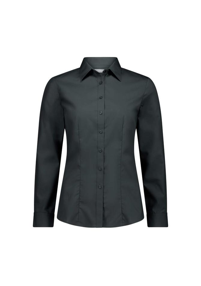 A long sleeve women's shirt in dark green, featuring a collared neckline and button-up front, with a subtle fit design.