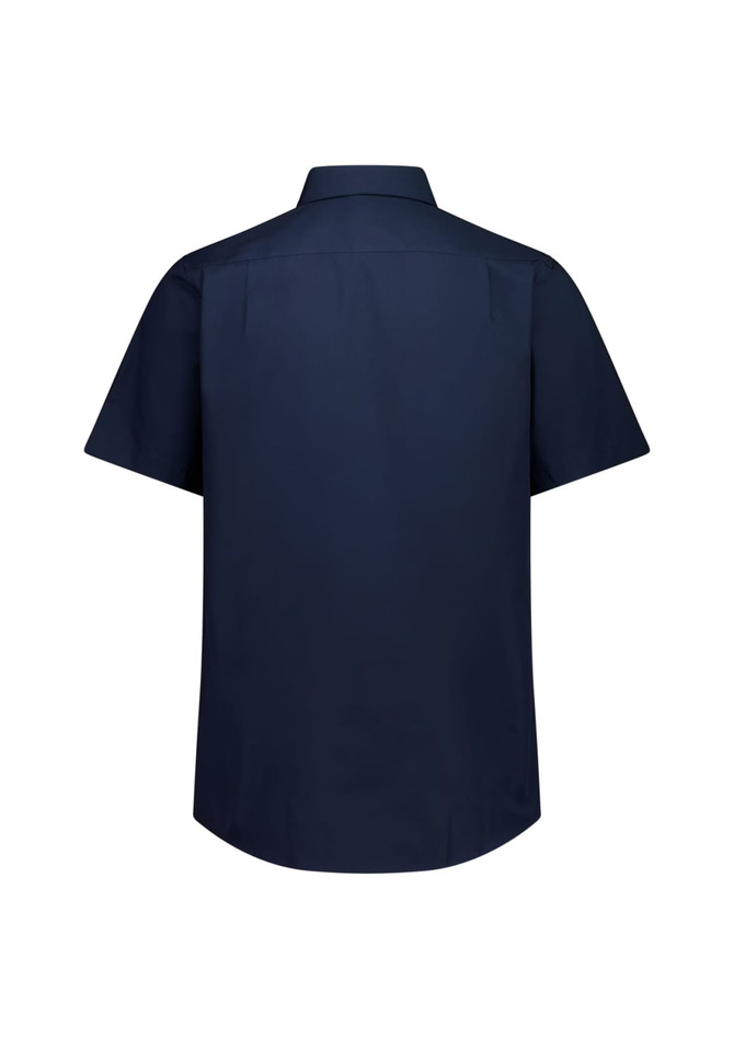 A navy short sleeve shirt with a classic fit, featuring a collar and a logo on the back.