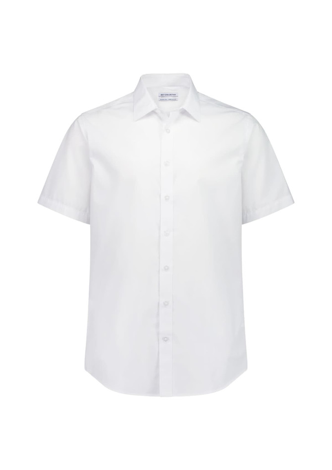 A white short sleeve shirt with a classic fit and a collar, featuring a logo on the label.