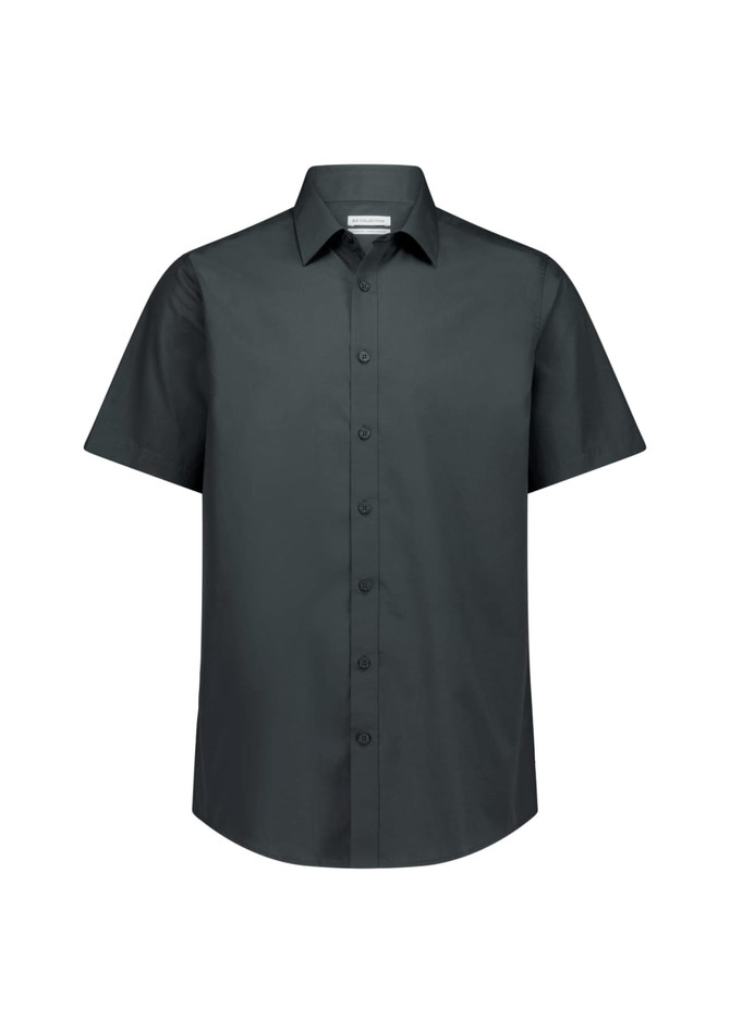 A classic fit short sleeve shirt in dark grey with a button-up front and a collar. It features a logo.