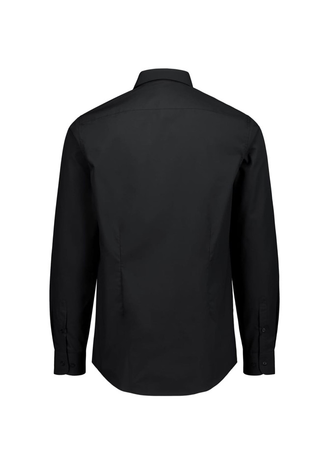 A black slim fit long sleeve shirt with a classic collar and button cuffs, featuring a logo on the back.