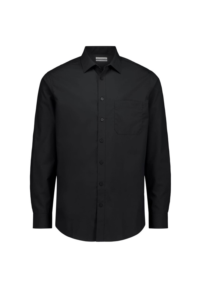 A black long sleeve shirt with a classic fit and a single chest pocket, featuring a logo on the label.