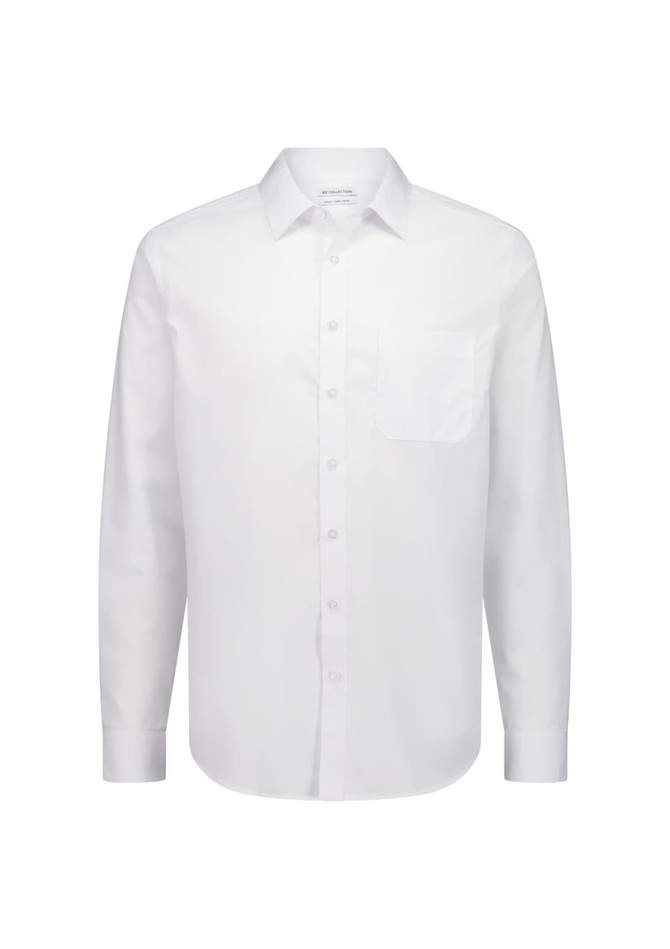 A white long sleeve shirt with a classic fit, featuring a button-down front and a single chest pocket.