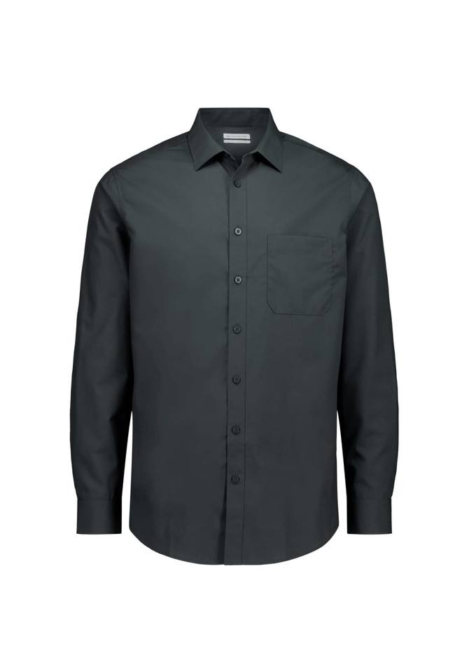 A classic fit long sleeve shirt in dark grey, featuring a single chest pocket and a button-up front.