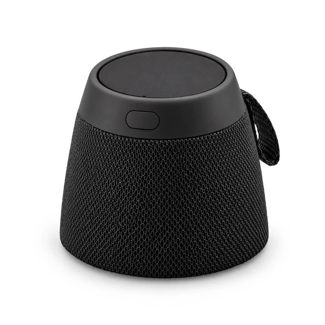 A black, cone-shaped portable speaker featuring a textured mesh exterior and a top button.
