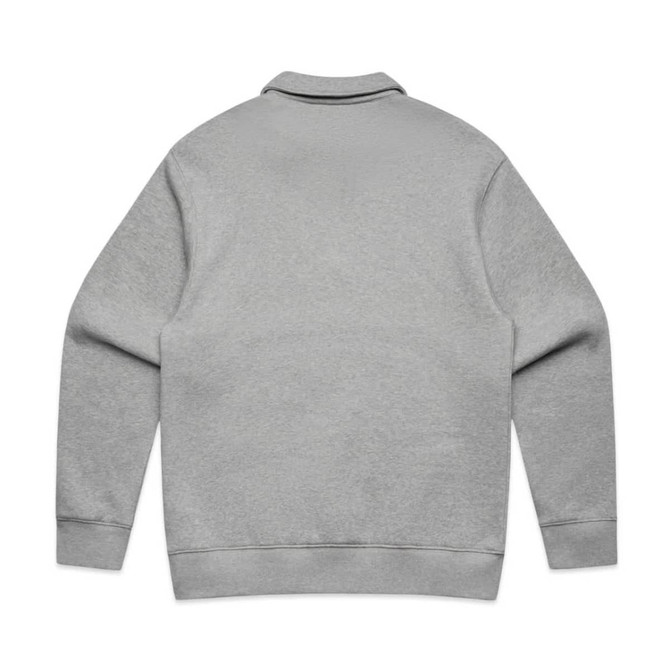 A grey collared sweater with a casual fit. The back view highlights the smooth fabric and ribbed cuffs.