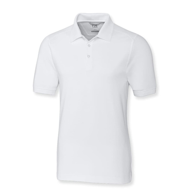 A white men's polo shirt with a collared neck and short sleeves, featuring a logo on the chest.