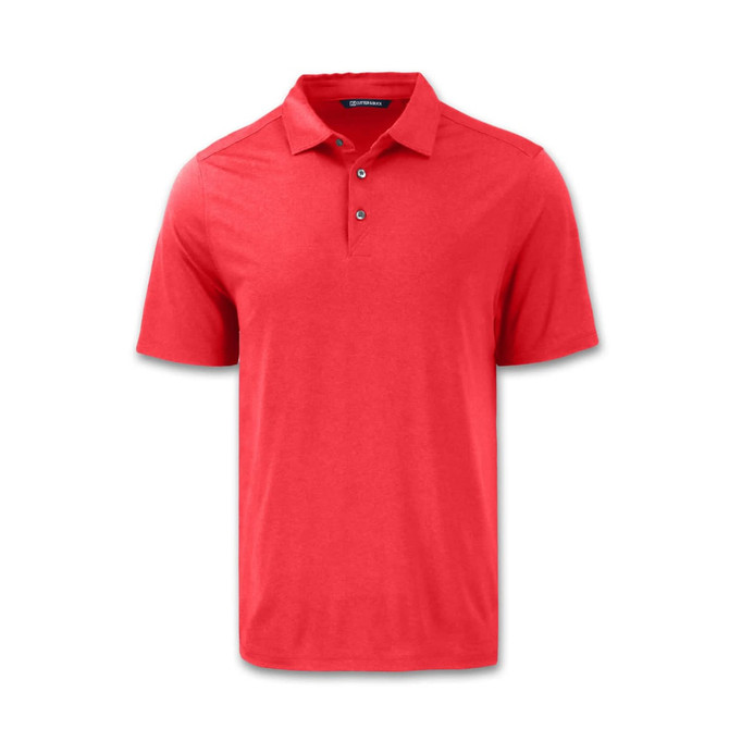 A red men's polo shirt with a collar and three buttons, featuring a logo on the chest area.