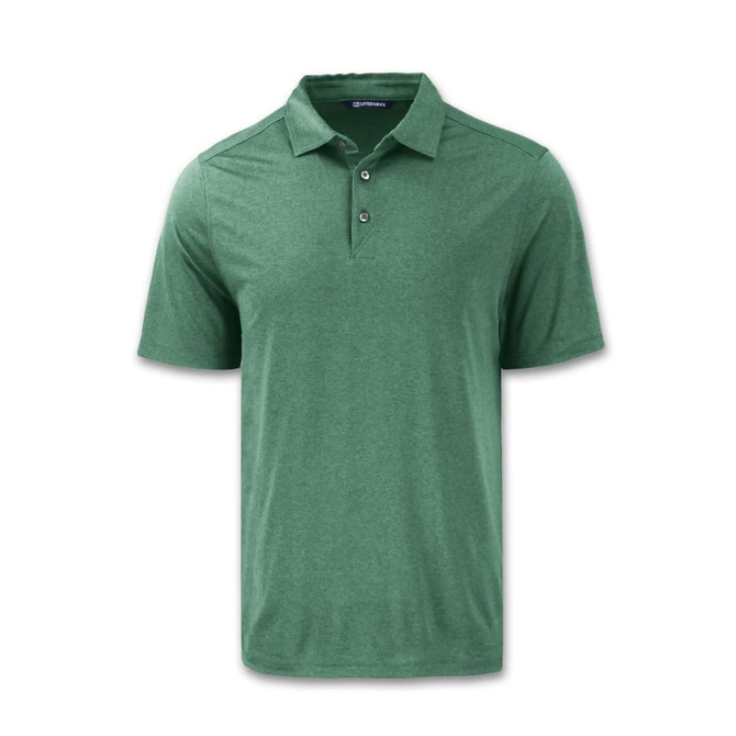 A green polo shirt with a collar, featuring three buttons and short sleeves. It has a logo on it.