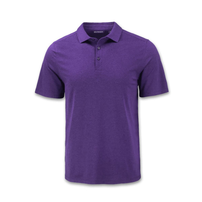 A purple men's polo shirt with a collar and three buttons, featuring a logo on the chest.