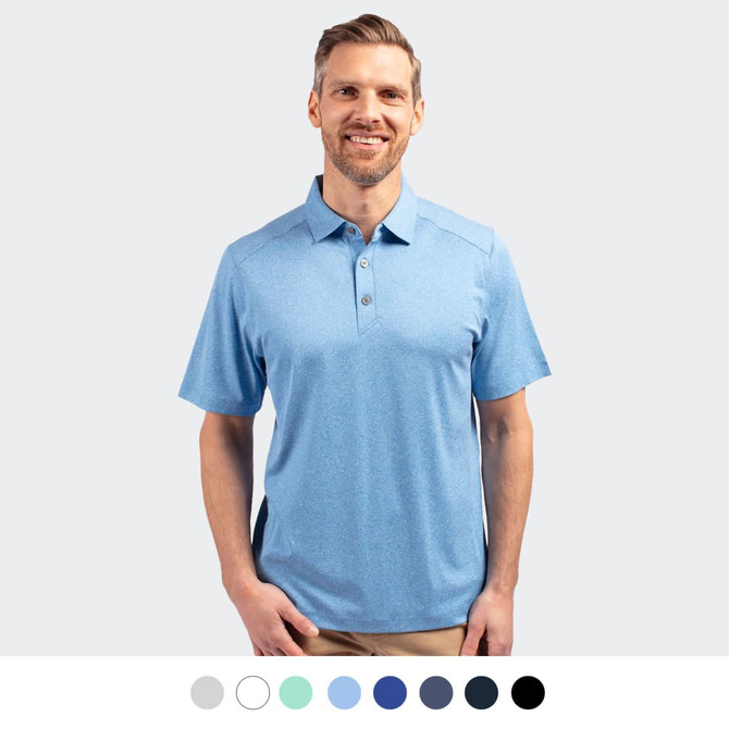 A light blue men's polo shirt with a collar and a logo, displayed on a smiling model.