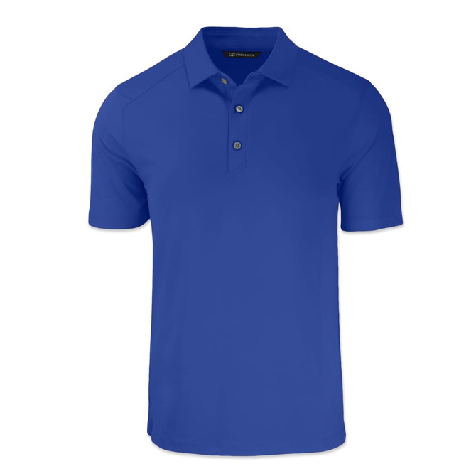 A blue men's polo shirt with a collar, short sleeves, and buttons, featuring a logo.