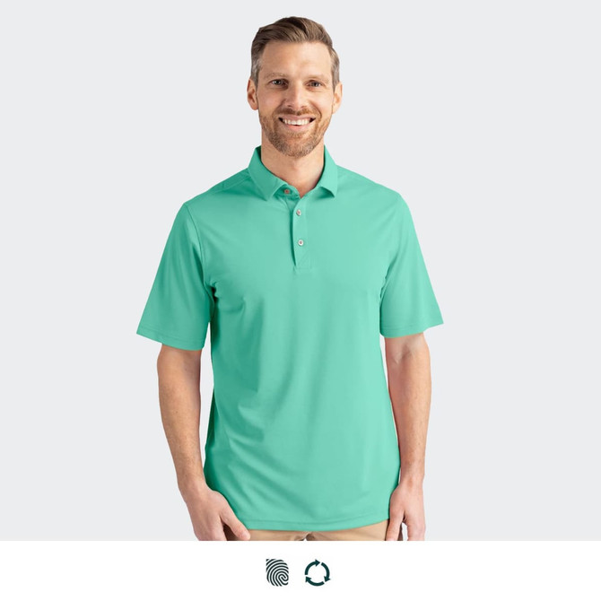 A men's polo shirt in a vibrant teal colour, featuring a collar and a logo on the chest.