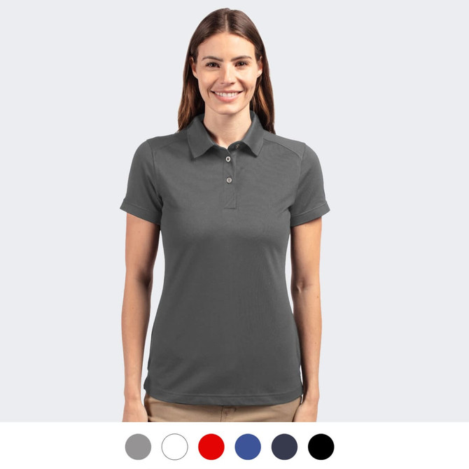 A women's polo in grey with a collar and short sleeves, featuring a logo. Available in multiple colours.