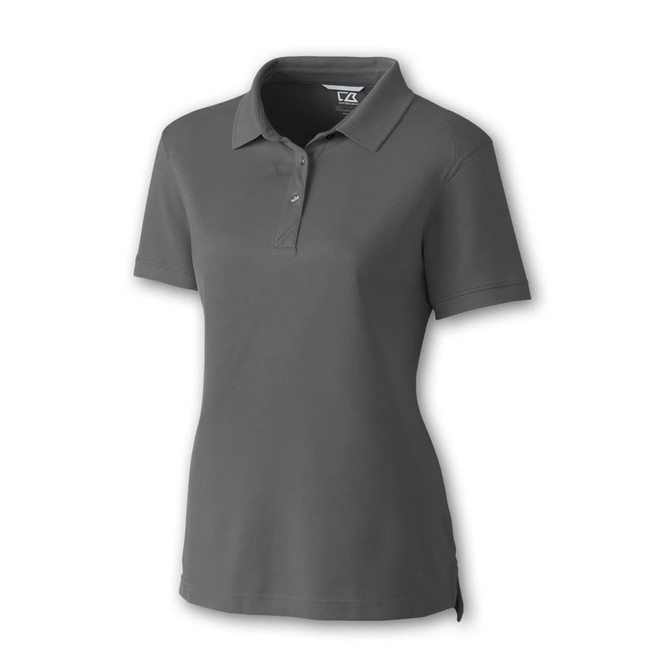 A grey women's polo shirt with short sleeves and a classic collar, featuring a logo.