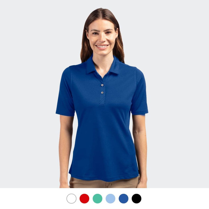 A blue women's polo shirt with a collar, featuring a logo and available in multiple colours.