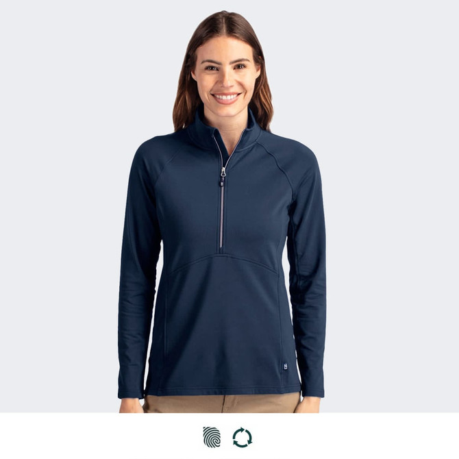 A navy half-zip women's pullover with a collar and a logo on the chest.