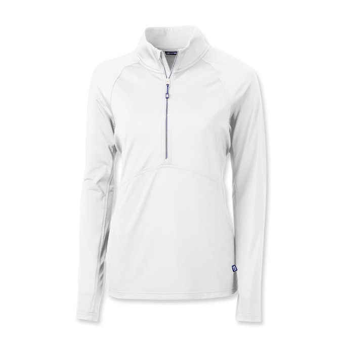 A white women's half-zip pullover with long sleeves, featuring a zipper and a small logo on the side.