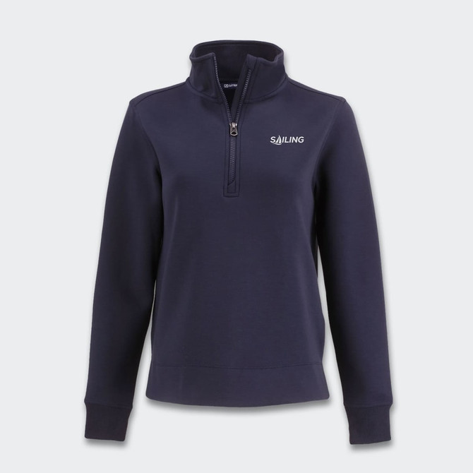 A navy half zip jacket for women featuring a high collar and long sleeves, with a logo on the front.