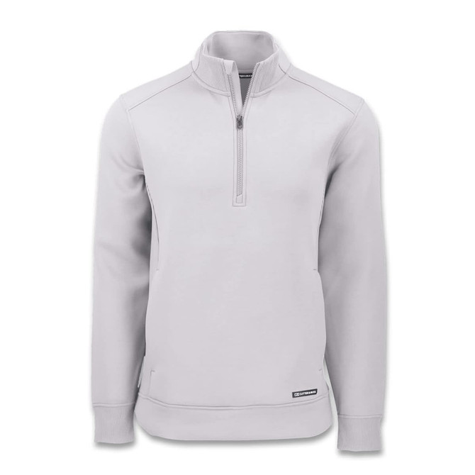 A light grey half-zip jacket with a collar, featuring a logo on the hem and a simple design.