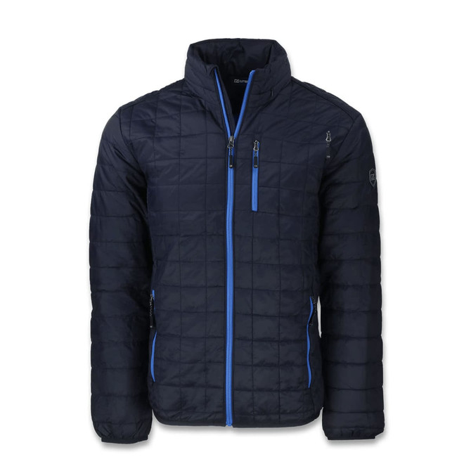 A navy blue men's jacket with light blue accents and a logo, featuring a zip closure and quilted design.