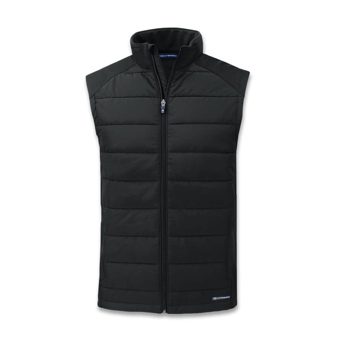 A black men's hybrid vest with a zip front and sleeveless design, featuring a logo on the lower section.