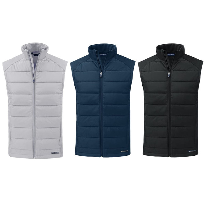 A hybrid vest collection featuring three colours: grey, navy, and black, with a zip-up front and no sleeves.