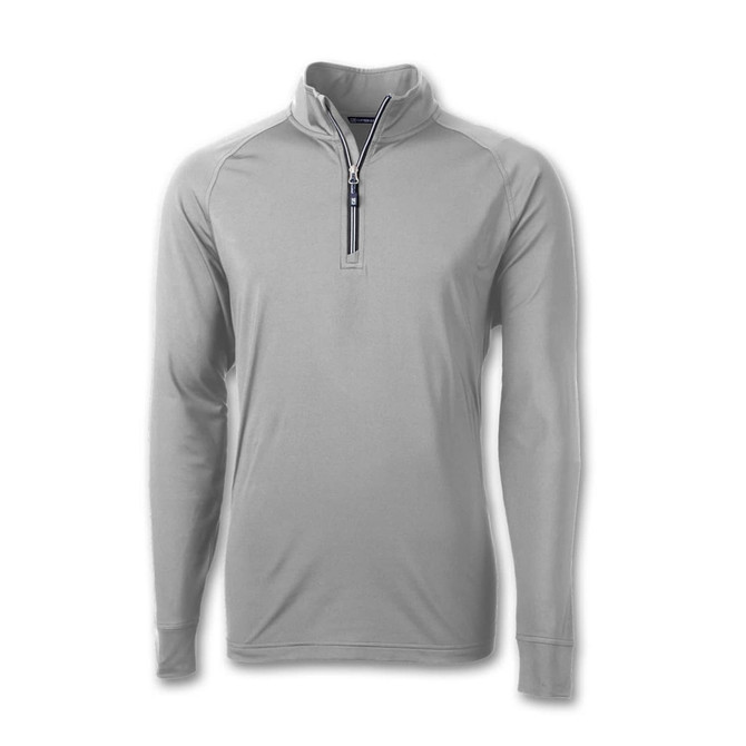 A light grey half-zip pullover with long sleeves and a subtle branding on it.