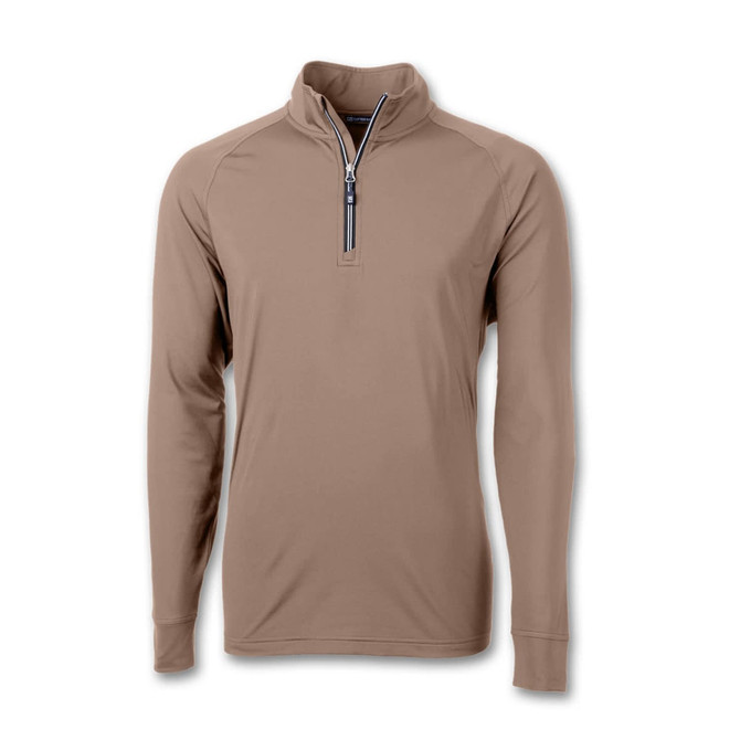 A men's half zip pullover in a light brown shade, featuring long sleeves and a zippered collar. It has a logo.