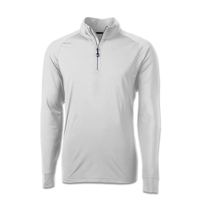 A men's half-zip pullover in white, featuring long sleeves and a front zipper, with a logo on the chest.
