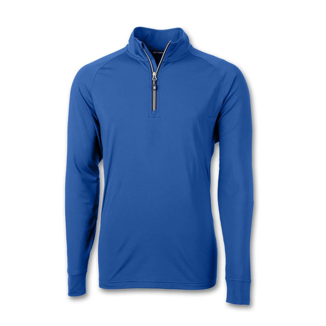 A blue men's half-zip pullover with long sleeves. The top features a zipper at the neck and has a logo.