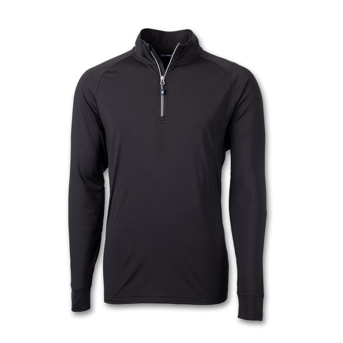 A black men's half zip top with long sleeves and a small zipper at the neck. It features a logo.
