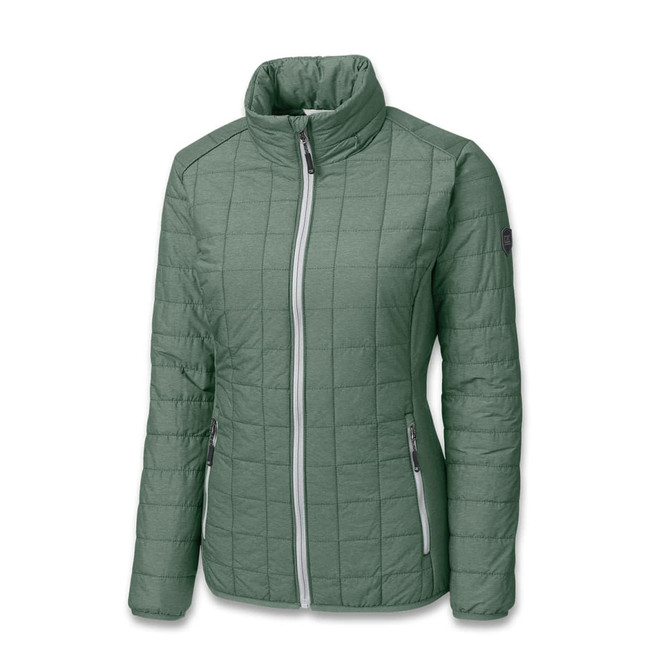 A women's jacket in a muted green colour with a quilted pattern, featuring a full front zipper and zippered pockets.
