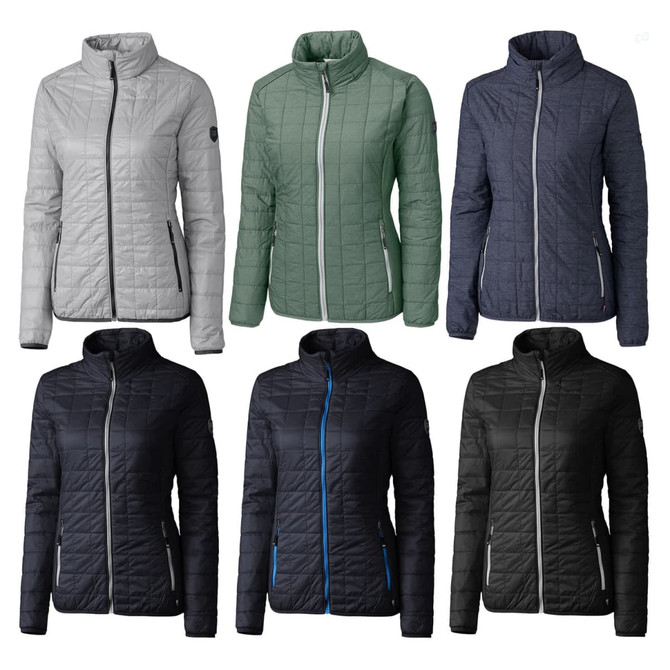A collection of Cutter & Buck Rainier women's jackets in grey, green, navy, and black, featuring a quilted design and zippers.