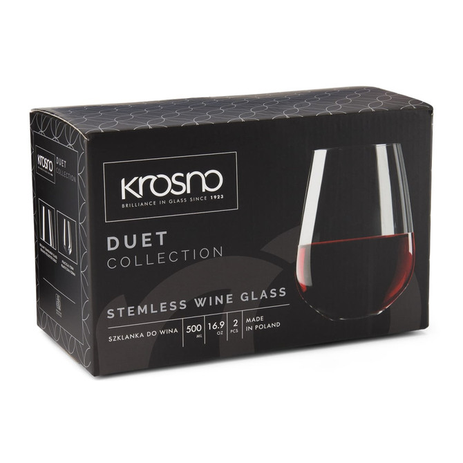 A box containing two Krosno Duet stemless wine glasses, featuring a sleek design and a dark exterior.