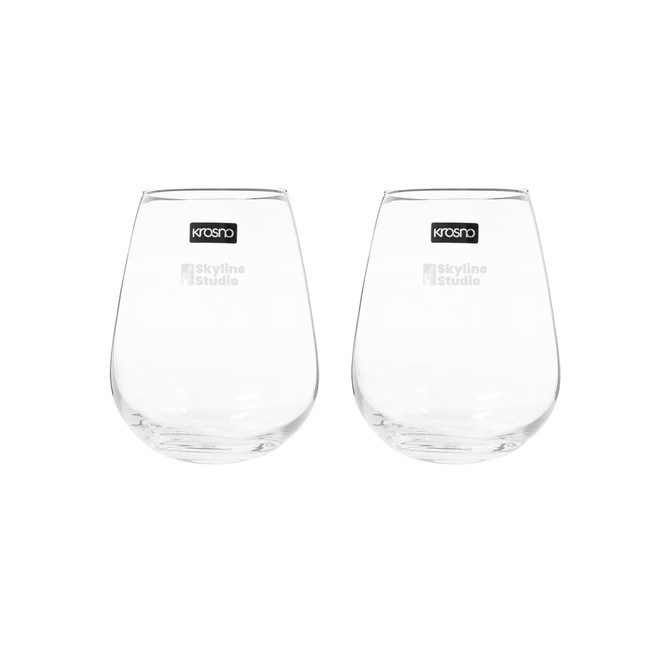 A set of two clear, stemless wine glasses with a logo, featuring a smooth, rounded design.