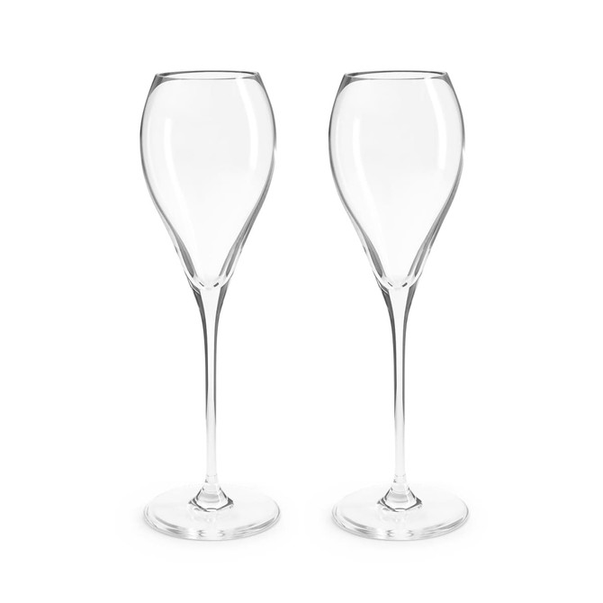 A pair of clear, elegant Krosno Duet flute glasses with a slender design and elegant base.