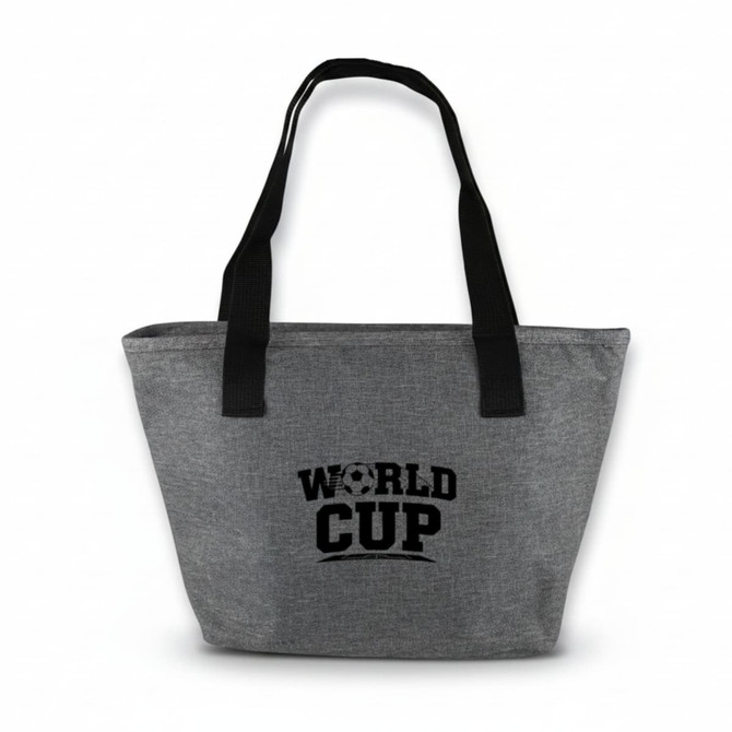 A grey tote bag with black handles and a logo featuring the words "WORLD CUP".
