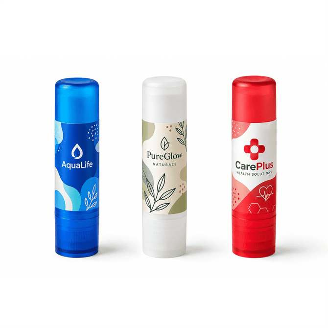 Three lip balm tubes in blue, white, and red, featuring logos and various floral designs.