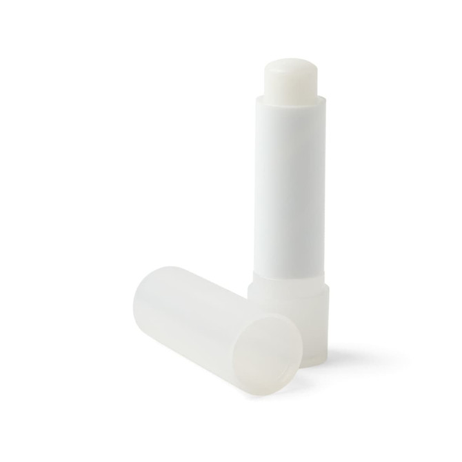 A white, twist-up lip balm tube with a smooth finish and a removable cap is displayed. One tube is lying down beside the other.