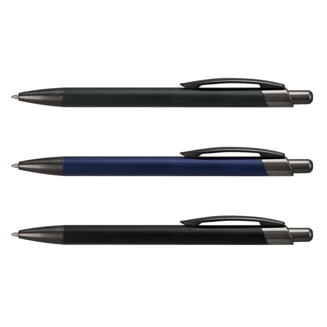 Three metal pens in green, blue, and black, each with a sleek design and a clip for convenience.