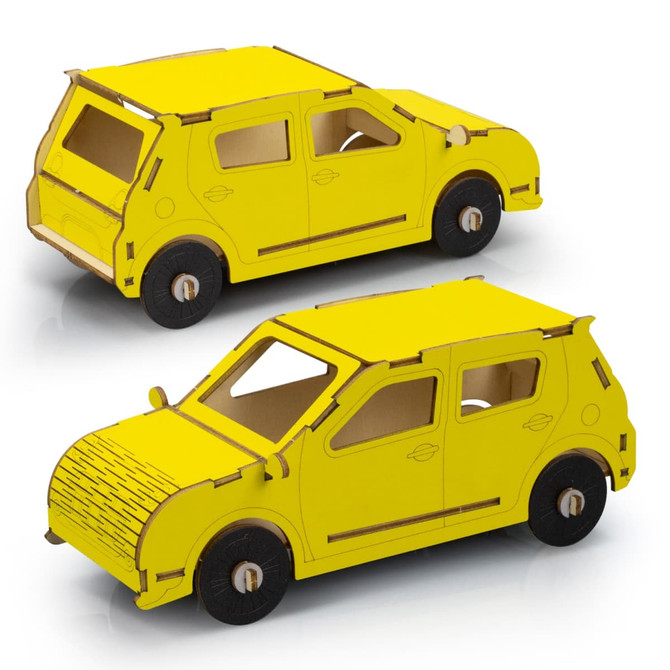A yellow wooden model of a hatchback car with detailed cutouts and a logo. Features include wheels and movable parts.