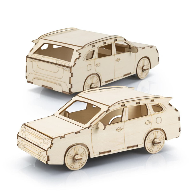 A wooden model of an SUV in a natural finish, featuring intricate cut-out details and a simple design.