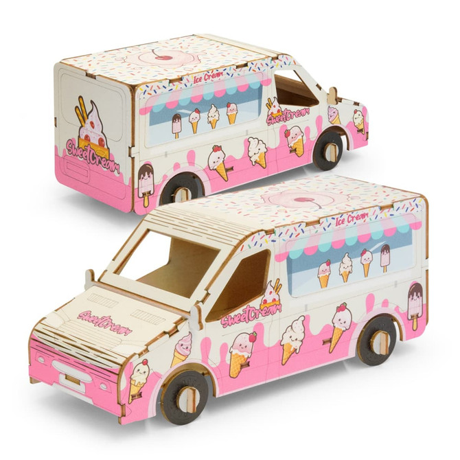 A wooden model of a pink ice cream van, featuring illustrations of ice cream cones and a logo.