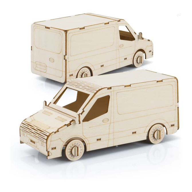 A wooden model van in a natural finish, featuring detailed cutouts and movable wheels. It has a simple, minimalist design.