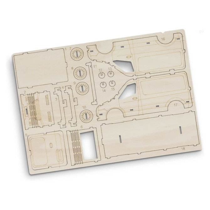 A wooden model kit of a van, featuring cutout parts for assembly. The kit includes various detailed components.