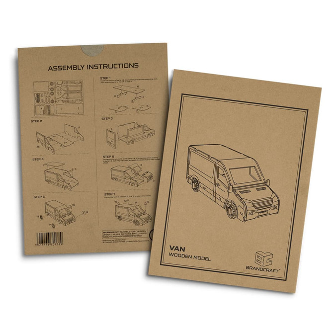 A wooden model kit of a van, featuring assembly instructions on a brown cardboard packaging. It has a logo.